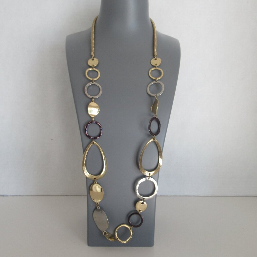 Vintage 70s Statement Long Necklace, Three Tone Metal 35" Long, + 3" extension